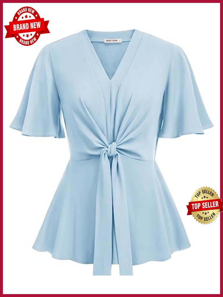 Elegant V-Neck Peplum Top With Ruffle Bell Sleeves, Polyester Blend,